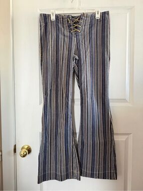 Vintage Y2K Striped Corduroy Lace Up Flare Low Rise Pants Blue Tan Size 13